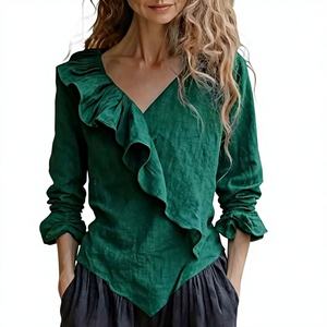 Blusa de lino y algodón para mujer, estilo europeo-americano, bonita, lavable, de color liso, con cuello en V, informal, holgada, de verano, tejida, vintage, con logo frontal - Product Image 1