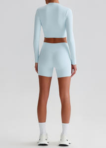 कस्टम दो टुकड़ा कसरत सेट लंबे आस्तीन शॉर्ट्स सक्रिय जिम कपड़ों की लुभावनी ट्रैकसूट स्लिम फिट स्पोर्ट्सवियर प्रशिक्षण संगठन - Product Image 3