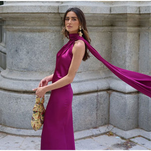 Nastro di raso abiti lunghi con <span class=keywords><strong>spalle</strong></span> <span class=keywords><strong>scoperte</strong></span> senza schienale di temperamento Slim Fit elegante donna Club festa Maxi <span class=keywords><strong>abito</strong></span> - Product Image 4