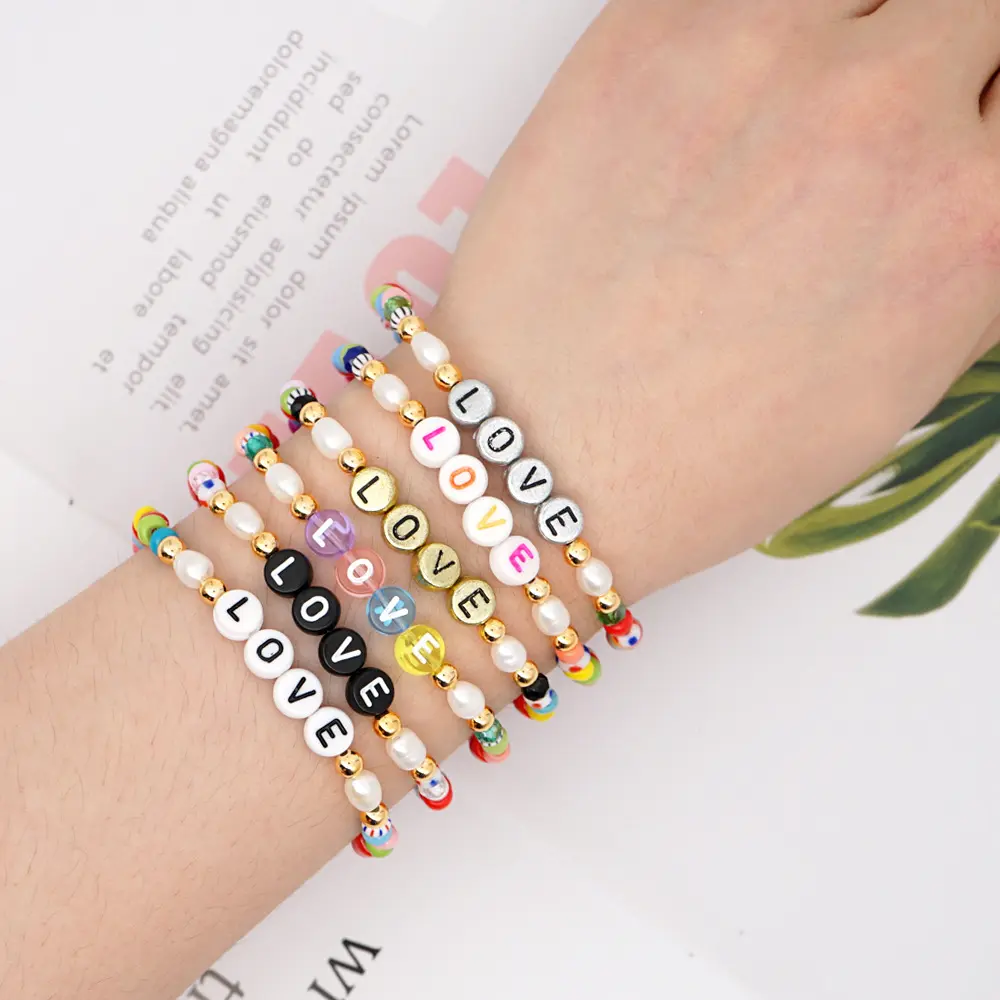 Freshwater baroque pearl beach rainbow beads bracelet bulk LOVE Letter beads female bracelet
