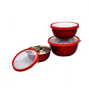 Premium Aldi Stainless Steel <b>Bowl</b> <b>with</b> Plastic <b>Lid</b> 3-Piece Classic Multipurpose Red <b>Bowl</b> Metal Material - Product Image 1