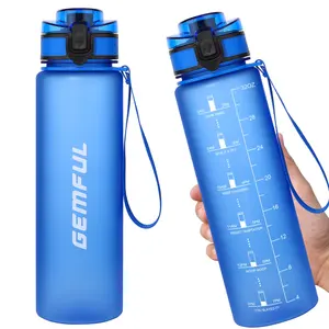 GEMFUL 32oz 1 Litre Tritan BPA Free Sports Water Bottle Removable Straw Time Markings Logo Design Fitness Gym Camping Outdoor