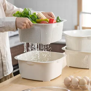 SHIMOYAMA Set mangkuk saringan dapur Set saringan makanan plastik buah sayuran keranjang Cuci lapisan ganda baskom dan keranjang pengering