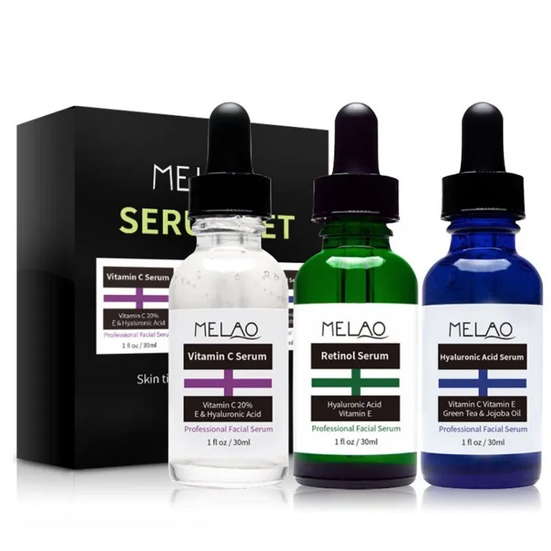 MELAO Set Serum Wajah Anti-penuaan, Kit Serum Asam Hialuronat dengan Vitamin C (3X1 Oz) Label Pribadi, Set Serum Wajah Anti-penuaan