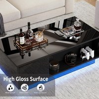 Table basse moderne à plateau relevable avec éclairage LED Tiroir de rangement caché en bois brillant Étagères ouvertes Table centrale multifonctionnelle pour