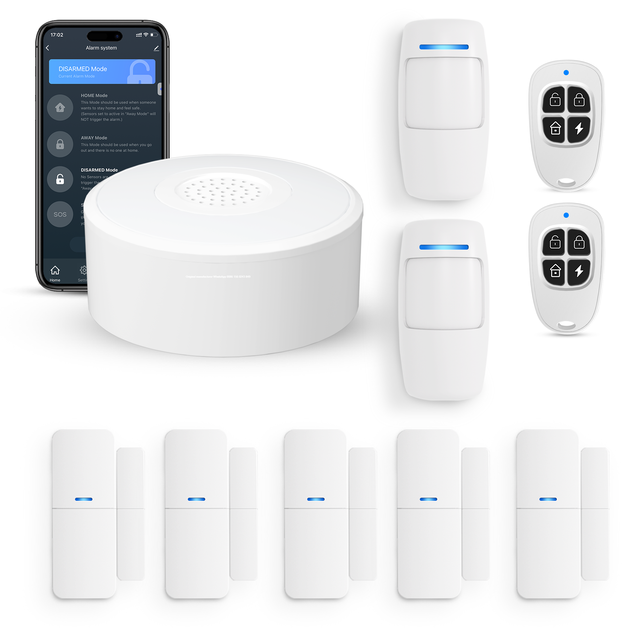 Home Security System Wireless DIY Portable Door Alarm Security System PIR Motion Sensor SOS Function App Alerts 10-Piece Kit