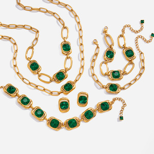 Women's Stainless Steel Green Glass Jewelry <b>Set</b> Geometric Cube Design Party Wear Bezel Setting Necklace <b>Bracelet</b> Earrings - Product Image 1