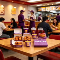 Emballage personnalisé pour la restauration rapide, boîte à hamburger en papier violet, conteneur pour ailes de poulet et ensemble de sacs à emporter