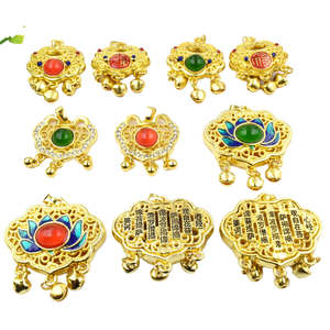 Collar con Colgante de Estilo Antiguo con Gota de Aceite Dorada, <span class=keywords><strong>Loto</strong></span>, Candado Ruyi con Campana, <span class=keywords><strong>Sutra</strong></span> <span class=keywords><strong>del</strong></span> Corazón con el Carácter Fu, Collar DIY, Cadena para Suéter - Product Image 1