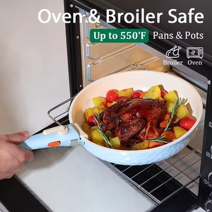 Batterie de cuisine en alu antiadhésif de qualité supérieure de 17 pièces avec boîte de couleur 3 tampons de casserole 2 poignées détachables et couvercles en verre de silicone - Product Image 3