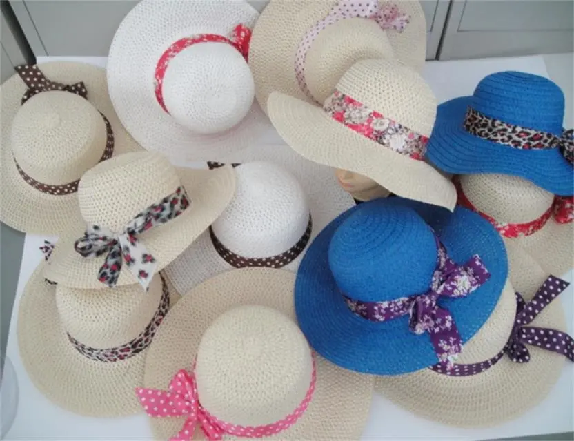 Wholesale Promotion Factory Price Cheap Sunshade Beach Ladies Hat With Colored Ribbon Bow