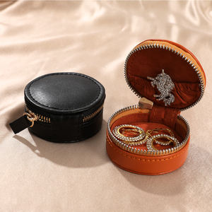 Custom Logo Round PU Leather Velvet <b>Jewelry</b> Box Organizer Portable <b>Travel</b> <b>Case</b> for Necklaces Earrings Rings Bracelets Zipper - Product Image 2