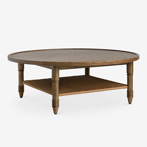 <span class=keywords><strong>Tavolino</strong></span> da Caffè Rotondo Retrò con Piano in <span class=keywords><strong>Legno</strong></span> Massello e Intreccio in Rattan, Adatto per Soggiorno con Due Livelli - Product Image 1