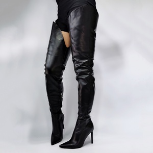 รองเท้าบูทหุ้มข้อสูงแบบเรียบง่าย ไซส์ใหญ่พิเศษ 47 สำหรับผู้หญิง ปลายแหลม มีซิปด้านข้าง ส้นบาง รองเท้าบูทสูงถึงต้นขา - Product Image 1