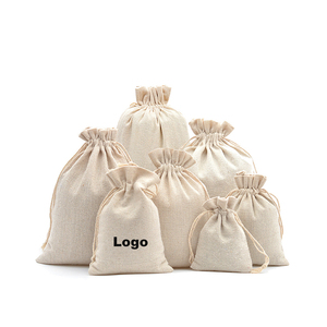 Vente en gros de pochettes en coton et lin personnalisées à double cordon, de plusieurs tailles, pour bijoux, cadeaux, en mousseline de coton biologique, sac à cordon en toile de coton - Product Image 1