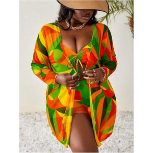 Women's Plus Size 3 Piece Bikini Set <b>Tie</b> Front High Waisted Swim Shorts With Cover Up Long Sleeve Swimwear Set - Product Image 3