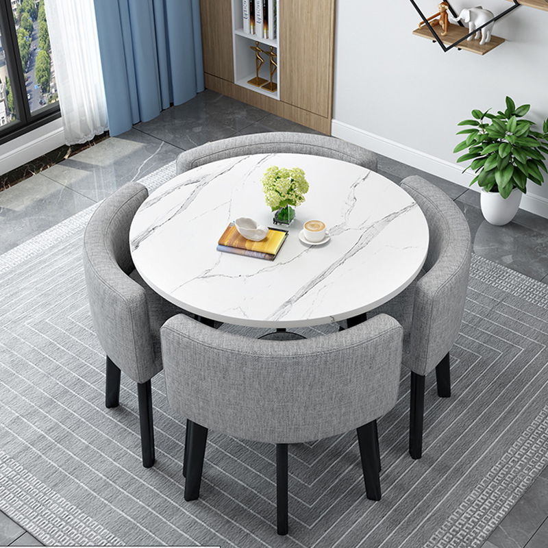 White round table + gray fabric chairs