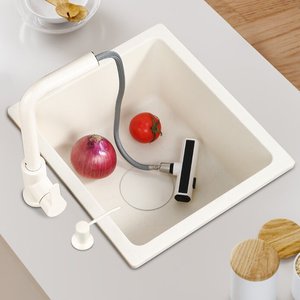 Évier de cuisine sous plan en acier inoxydable nano blanc crème avec rince-verre, évier de bar moderne blanc mat à cuve unique de petite taille - Product Image 3
