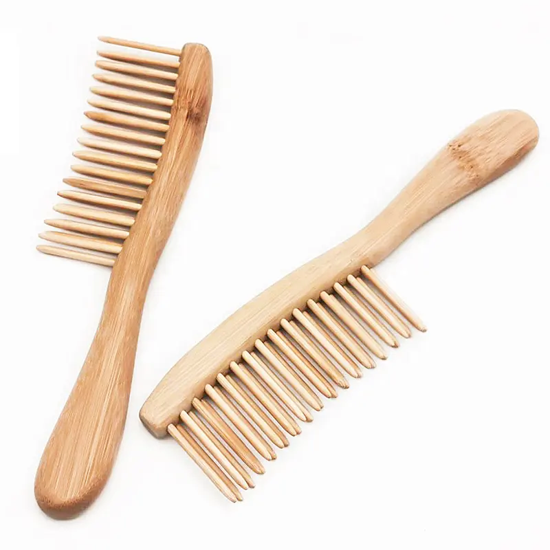 Оптовая продажа, Пользовательский логотип, натуральный бамбук, широкие зубья, биоразлагаемый выпрямитель для волос, расческа
