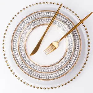 奢华白骨瓷餐具咖啡杯茶碟碗勺子充电器婚礼陶瓷金框晚餐盘子晚餐套装