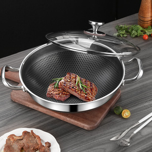 <span class=keywords><strong>Wok</strong></span> de Cocina de Doble Cara con Diseño de Panal, Antiadherente, Multiusos, de Acero Inoxidable, con Tapa de Vidrio - Product Image 1