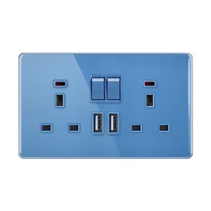 Enchufe de cristal azul británico/europeo, 13A conector USB, Universal, doble, productos de gama alta, carga tipo C, nuevo producto de moda