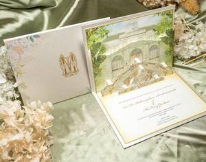 Invitation de mariage <span class=keywords><strong>pop</strong></span>-up sur mesure, design relié, s'ouvre comme un livre pour une scène de lieu 3D, invitations <span class=keywords><strong>pop</strong></span>-up en relief - Product Image 1