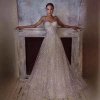 Robe de mariée LY-WD0556 robe de mariée paillettes brillantes dentelle jupe de mariée Spaghetti sangle haut sans manches corset dos nu brosse train