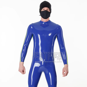 Combinaison en <span class=keywords><strong>latex</strong></span> pour <span class=keywords><strong>homme</strong></span>, bleu royal, triple rayure, fermeture éclair avant à 3 voies, épaisseur 0,4 mm - Product Image 2