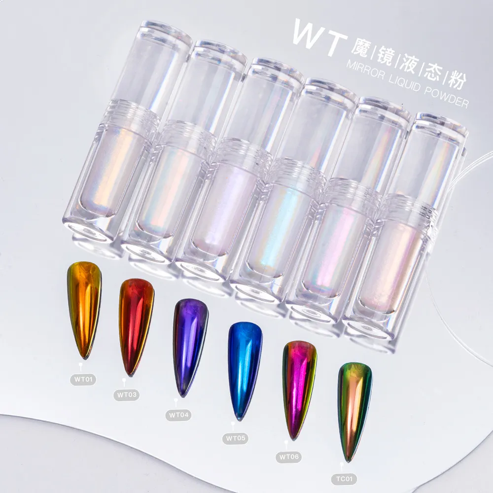 Eyl New 6 màu sắc ma thuật Holographic Tắc Kè Hoa kim loại hiệu ứng gương Chrome long lanh sáng bóng chất lỏng sắc tố móng tay bột