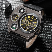 Montre pour homme Oulm, bracelet en cuir vintage, montre ovale à grand cadran avec plusieurs fuseaux horaires, boussole, montre à quartz pour homme
