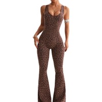 Nouvelle combinaison de yoga une pièce micro-évasée à imprimé léopard, dos croisé, anti-plis, pour femme, style transfrontalier Europe-Amérique, pour le sport