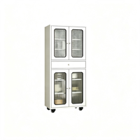 Armoire de rangement de cuisine autoportante blanche, haute et moderne, avec portes supérieures en maille et bas en acier inoxydable