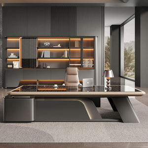 Ensemble de bureau de direction de luxe avec chaise, table de patron moderne noire <span class=keywords><strong>et</strong></span> dorée en forme de L - Product Image 1