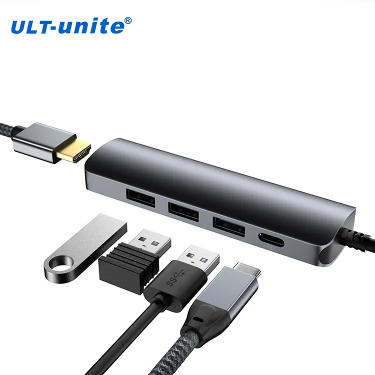 2023 ult-đoàn kết mới đến PD 100W 240W nhà máy trực tiếp 5 trong 1 USB C HUB với 4K HDMI USB 3.0 2 USB 2.0 loại một PD 100W