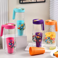 Ensemble bouilloire et quatre tasses en plastique PP/PC, motif imprimé, grande capacité (1800 ml/2300 ml), design classique et durable, livraison immédiate