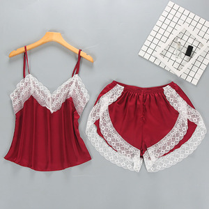 Women's Sleepwear Sexy Satin Pajama Set White Sleeveless <strong>Lace</strong> V-Neck Pyjamas Cute <strong>Cami</strong> <strong>Top</strong> and Shorts - Product Image 4