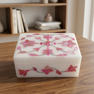 Stonecrafts International Premium Quality Personalized Marble Jewelry <b>Box</b> India High-Durable Mother Pearl Accents Modern Florals - Product Image 1