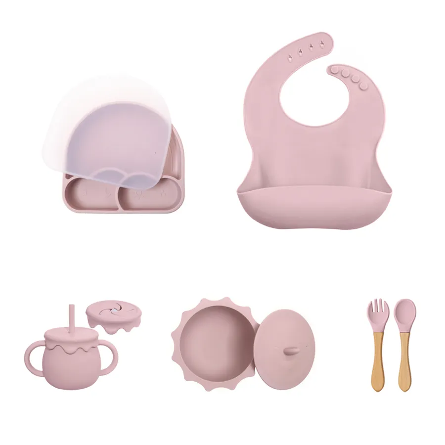 Non Toxic Rainbow Shape 7 Pcs Baby Silicone Tableware Children's Feeding Dishes Soft Sucker Bowl Plate Spoon Fork Sets