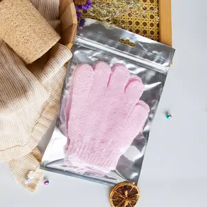 Gloway Oem Hot Selling Solid Color Five Fingers Nylon Glove Pink Exfoliating Body Bath Gloves Scrubbing For Remove Dead Skin