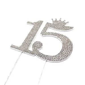 15 Quinceanera Rhinestone Crown Monogram Cake Topper, Sweet 15th Birthday Party Decoration - Genuine Crystals on Number 15