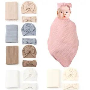 3pcs/套新款接收毯细布襁褓毯婴儿睡袋纯色婴儿帽头带套装