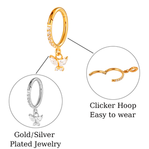 Pendientes de Aro Colgantes de Titanio ASTM F136 de 5-8mm con Bisagra, Flor y Mariposa de Circonita Cúbica para Oreja, Lóbulo, Cartílago y <span class=keywords><strong>Tragus</strong></span> - Product Image 4