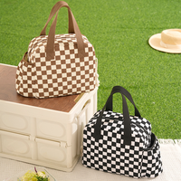 Nouveau sac à lunch demi-lune en velours côtelé à motif à carreaux, sac repas multifonctionnel et tendance de grande capacité pour le travail