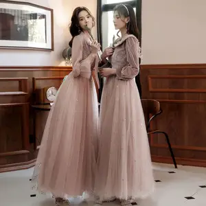 春夏プロムパーティーガウン結婚式姉妹ドレスロングエレガントピンクガールズブライズメイドドレス - Product Image 1