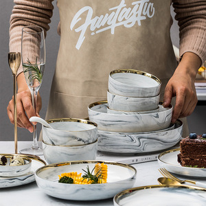 Sang trọng đá cẩm thạch mạ vàng tấm gốm và bát đặt khách sạn đám cưới nhà hàng bít tết món ăn sứ đồ ăn Bộ đồ ăn đặt - Product Image 3