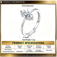 Anillo de Dedo de Plata de Ley S925 al por Mayor con Moissanita de Corte Marquesa, Engaste de Seis Puntas, Banda Abierta Ajustable, Chapado en Dos Tonos