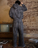 Ensemble Survêtement Personnalisé Guépard Imprimé Léopard Lavage à l'Acide Zip up Distressed Vintage Oversized Flare Pantalon de Survêtement et Sweat à Capuche