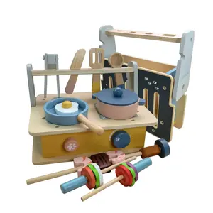 Set mainan dapur bahan kayu untuk anak, Set mainan dapur motif kayu barbekyu, simulasi memasak, mainan dapur untuk anak usia 5 hingga 7 tahun