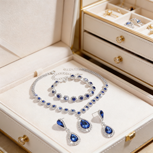 סט תכשיטים אופנתי בצבע כחול מלכותי, קריסטל בצורת טיפת מים, סגסוגת כסף וזהב טהור, שרשרת יהלומים לנשים, עגילים ושרשרת, מתנה - Product Image 1